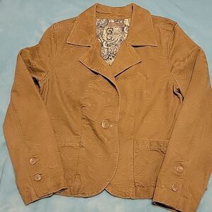 IE Relaxed 100% cotton lt brown jacket with floral embroidery. Size L Boho